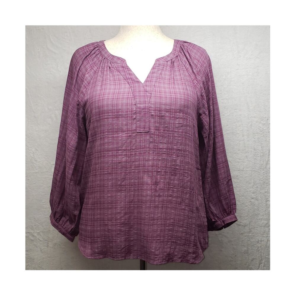 Christopher & Banks Purple Check Peasant Sleeve Blouse Petite Large Cottagecore